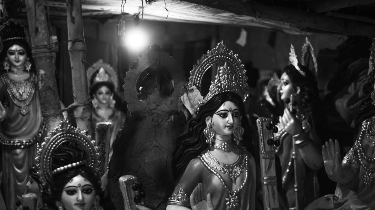 A collection of Hindu goddess statues in a dimly lit setting, enhancing their divine elegance.